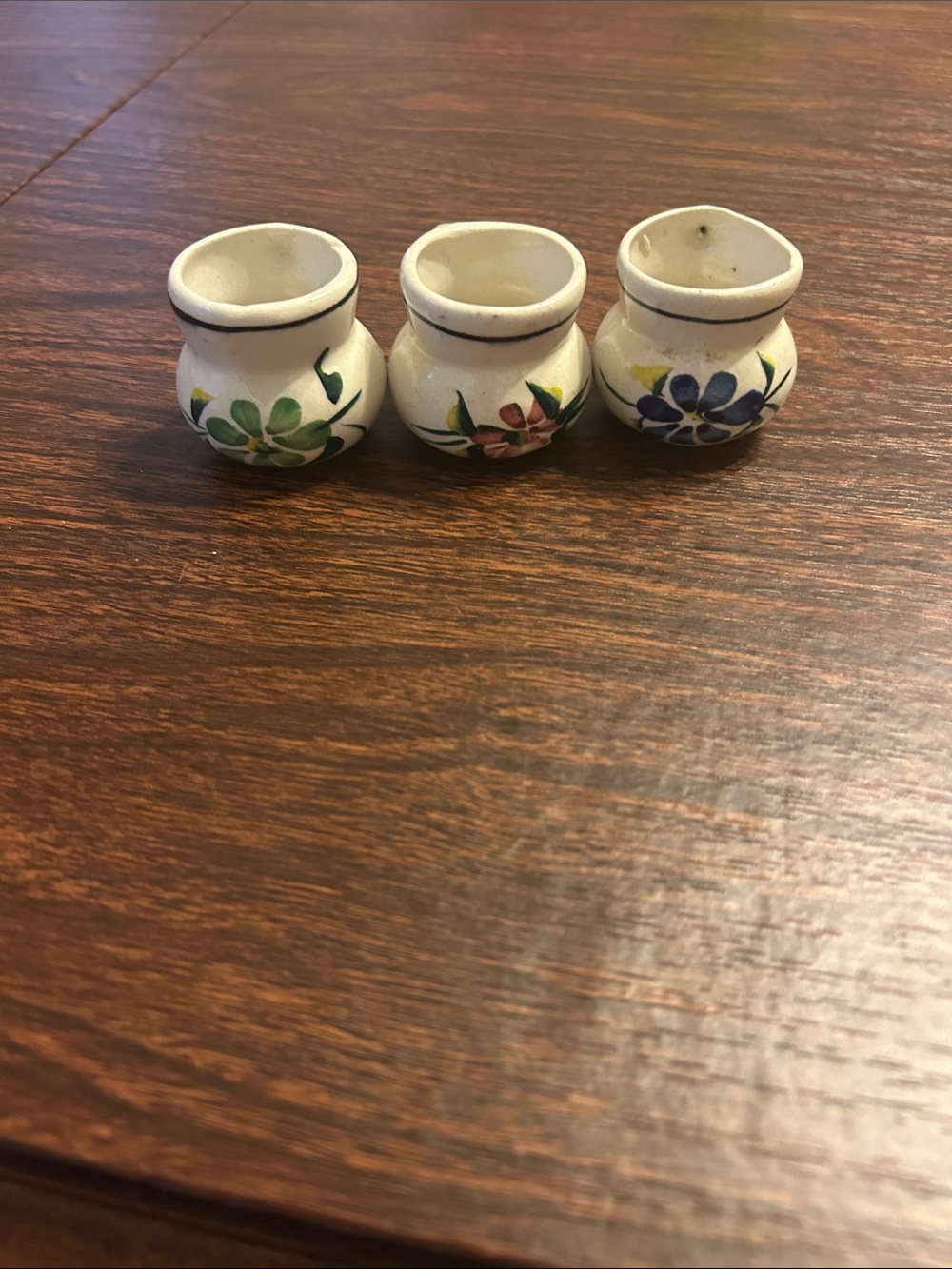 Hand-Painted Mini Ceramic Cups - White with Green, Pink, Blue Floral Accents